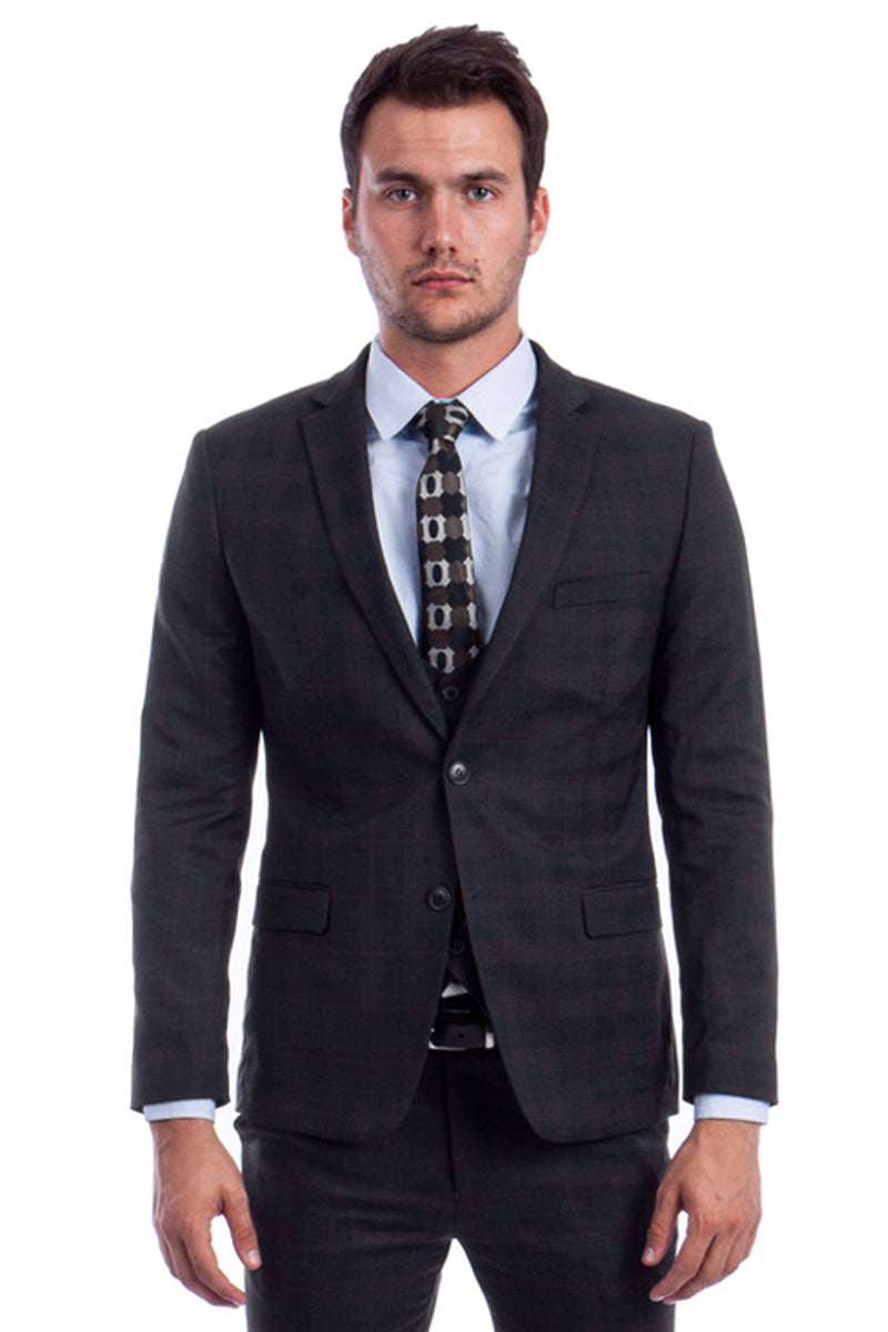 Traje ajustado de dos botones con chaleco de corte bajo para hombre en cuadros negros