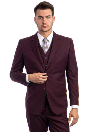 Men's Modern Burgundy Wool Suit with Vested Style