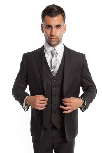 Traje de boda y negocios para hombre, de dos botones y color liso, en gris oscuro
