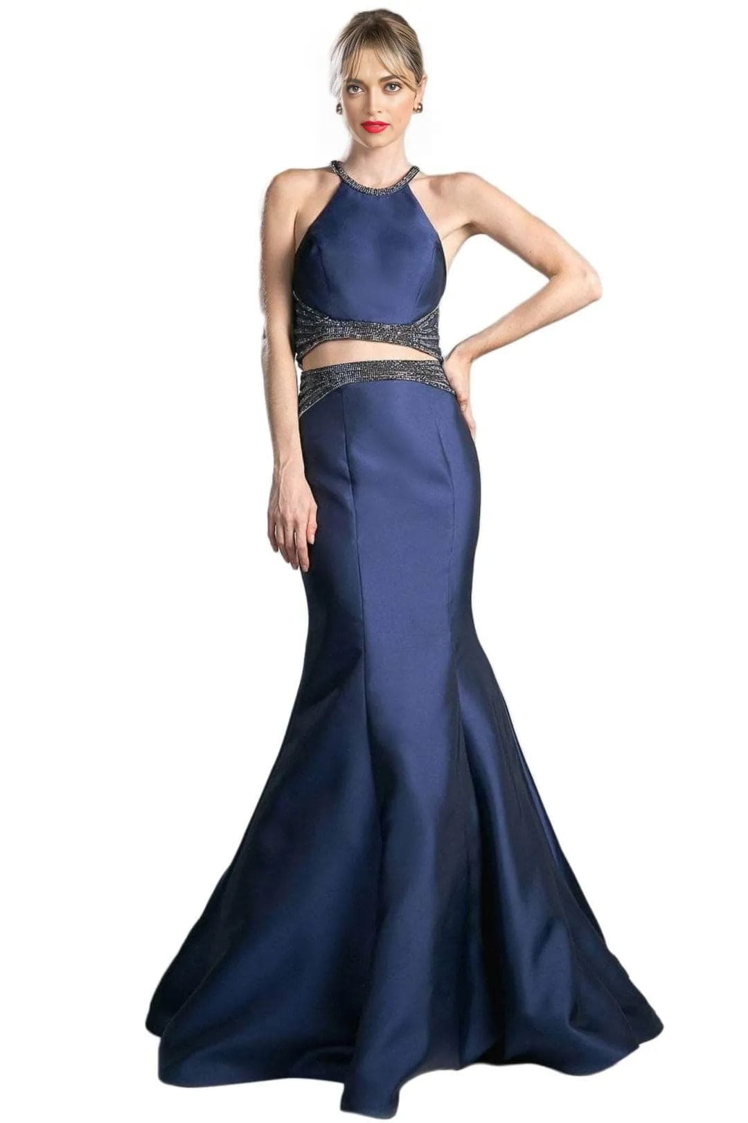 Halter Neck Beaded Two-Piece Gown 2025 Glamorous Formal Dress - Navy / 2 - Prom