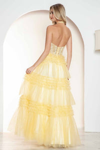 Halter Ruffled A-line Slit Gown by Juliet JT2556S - Long Formal Dresses