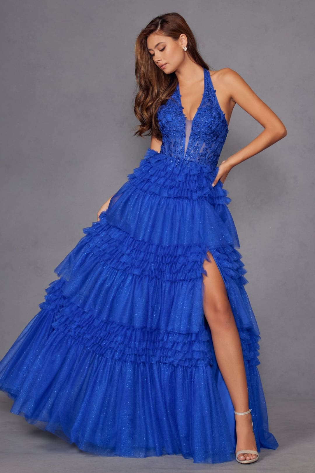 Halter Ruffled A-line Slit Gown by Juliet JT2556S - Long Formal Dresses