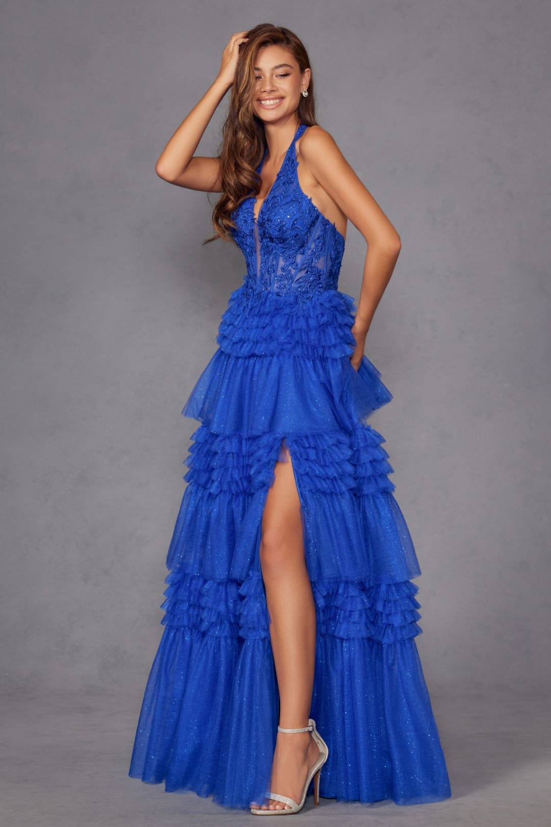 Halter Ruffled A-line Slit Gown by Juliet JT2556S - Long Formal Dresses