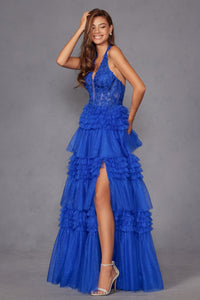 Halter Ruffled A-line Slit Gown by Juliet JT2556S - Long Formal Dresses