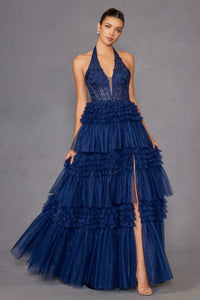 Halter Ruffled A-line Slit Gown by Juliet JT2556S - Long Formal Dresses