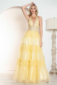 Halter Ruffled A-line Slit Gown by Juliet JT2556S - Long Formal Dresses