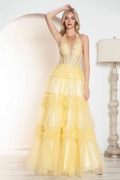 Halter Ruffled A-line Slit Gown by Juliet JT2556S - Long Formal Dresses
