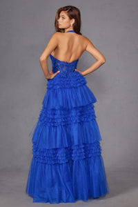 Halter Ruffled A-line Slit Gown by Juliet JT2556S - Long Formal Dresses