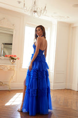 Halter Ruffled A-line Slit Gown by Juliet JT2556S - Long Formal Dresses