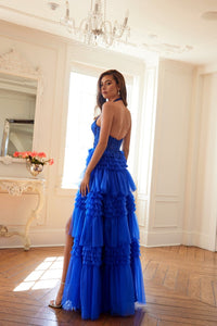 Halter Ruffled A-line Slit Gown by Juliet JT2556S - Long Formal Dresses