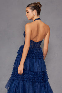 Halter Ruffled A-line Slit Gown by Juliet JT2556S - Long Formal Dresses