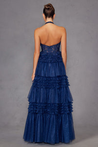 Halter Ruffled A-line Slit Gown by Juliet JT2556S - Long Formal Dresses