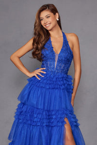 Halter Ruffled A-line Slit Gown by Juliet JT2556S - Long Formal Dresses