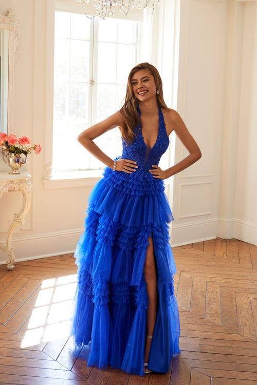 Halter Ruffled A-line Slit Gown by Juliet JT2556S - Long Formal Dresses
