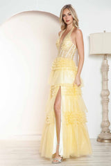 Halter Ruffled A-line Slit Gown by Juliet JT2556S - Long Formal Dresses
