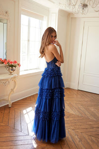 Halter Ruffled A-line Slit Gown by Juliet JT2556S - Long Formal Dresses