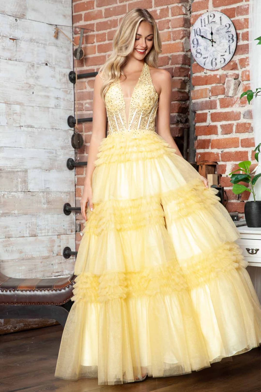 Halter Ruffled A-line Slit Gown by Juliet JT2556S - Long Formal Dresses
