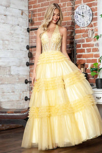 Halter Ruffled A-line Slit Gown by Juliet JT2556S - Long Formal Dresses