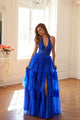 Halter Ruffled A-line Slit Gown by Juliet JT2556S - Royal Blue / 2 - Long Formal Dresses