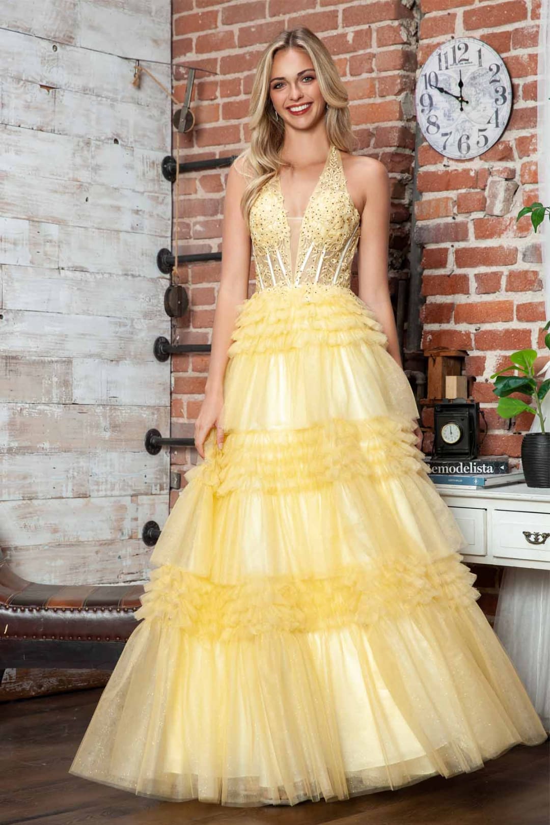 Halter Ruffled A-line Slit Gown by Juliet JT2556S - Yellow / 2 - Long Formal Dresses