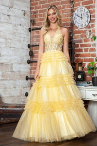 Halter Ruffled A-line Slit Gown by Juliet JT2556S - Yellow / 2 - Long Formal Dresses