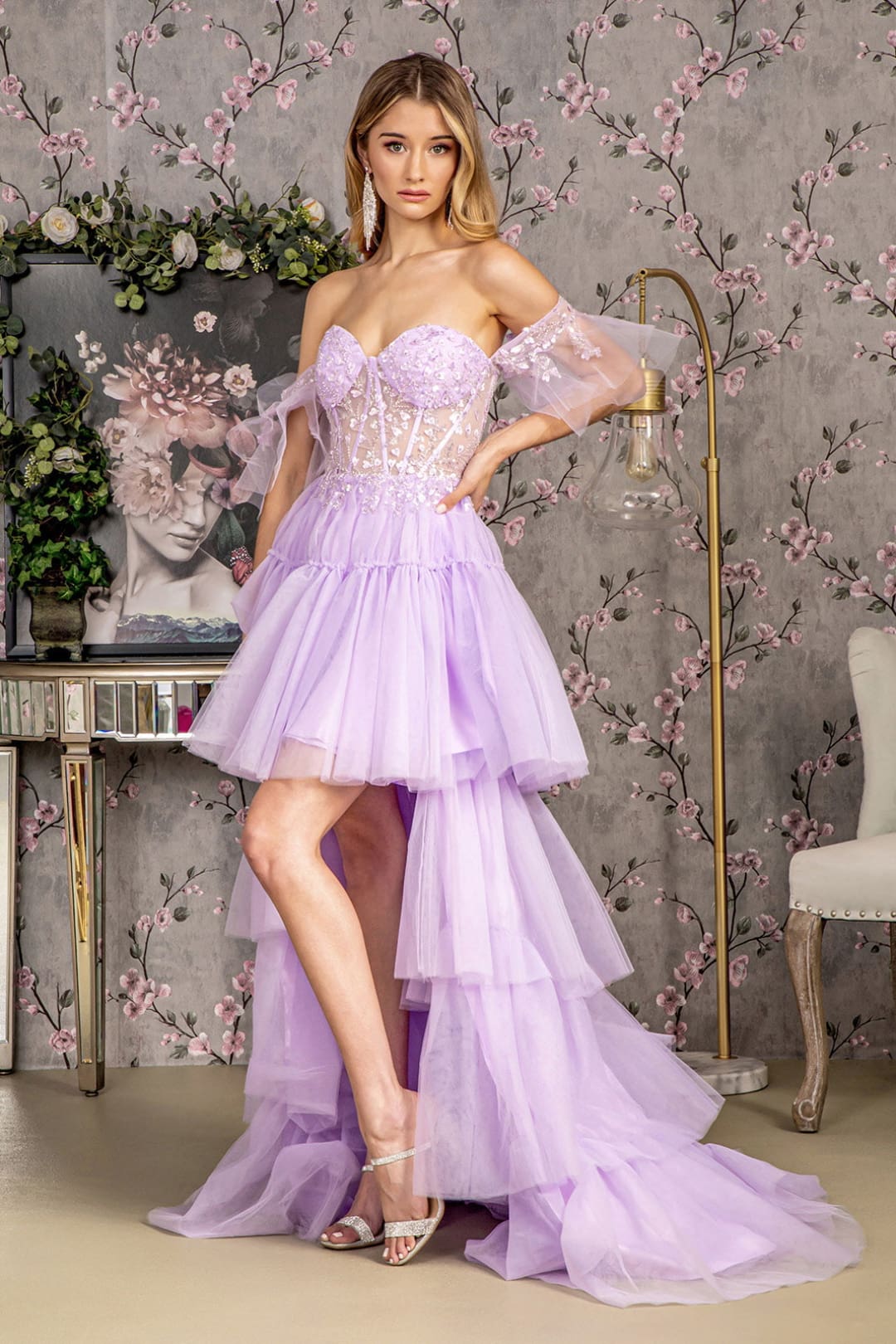 Heart Beaded Off Shoulder High Low Gown by GLS Gloria GL3396 - XS / Lilac - Long Formal Dresses
