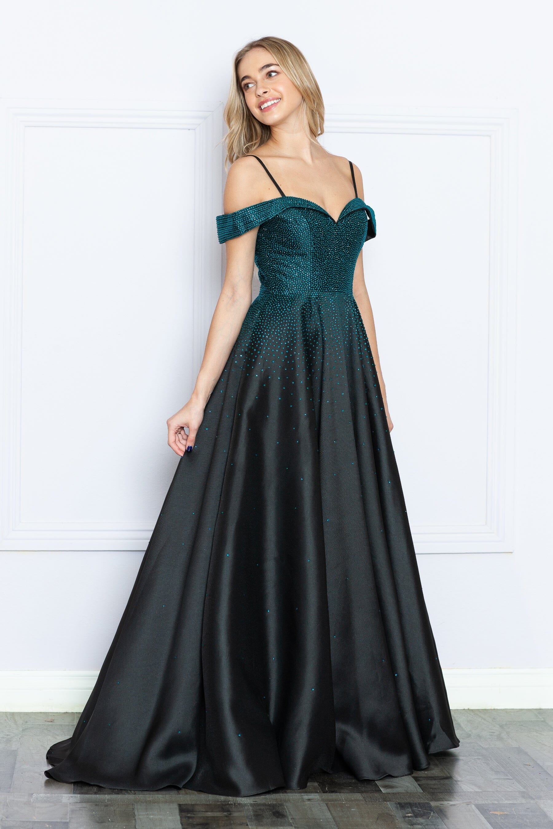 Poly USA 9278 Heat Stone Cold Shoulder A-line Gown