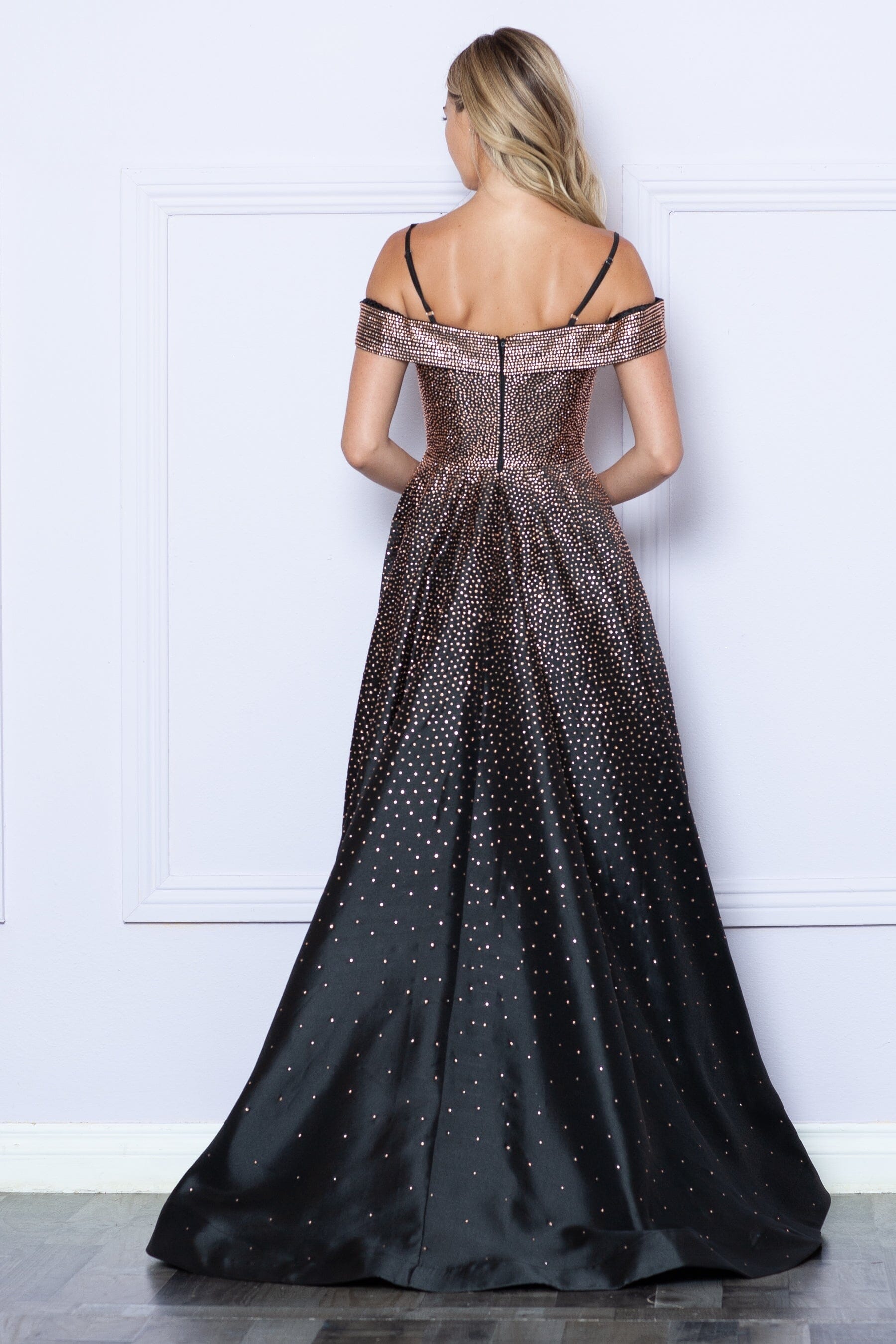 Poly USA 9278 Heat Stone Cold Shoulder A-line Gown