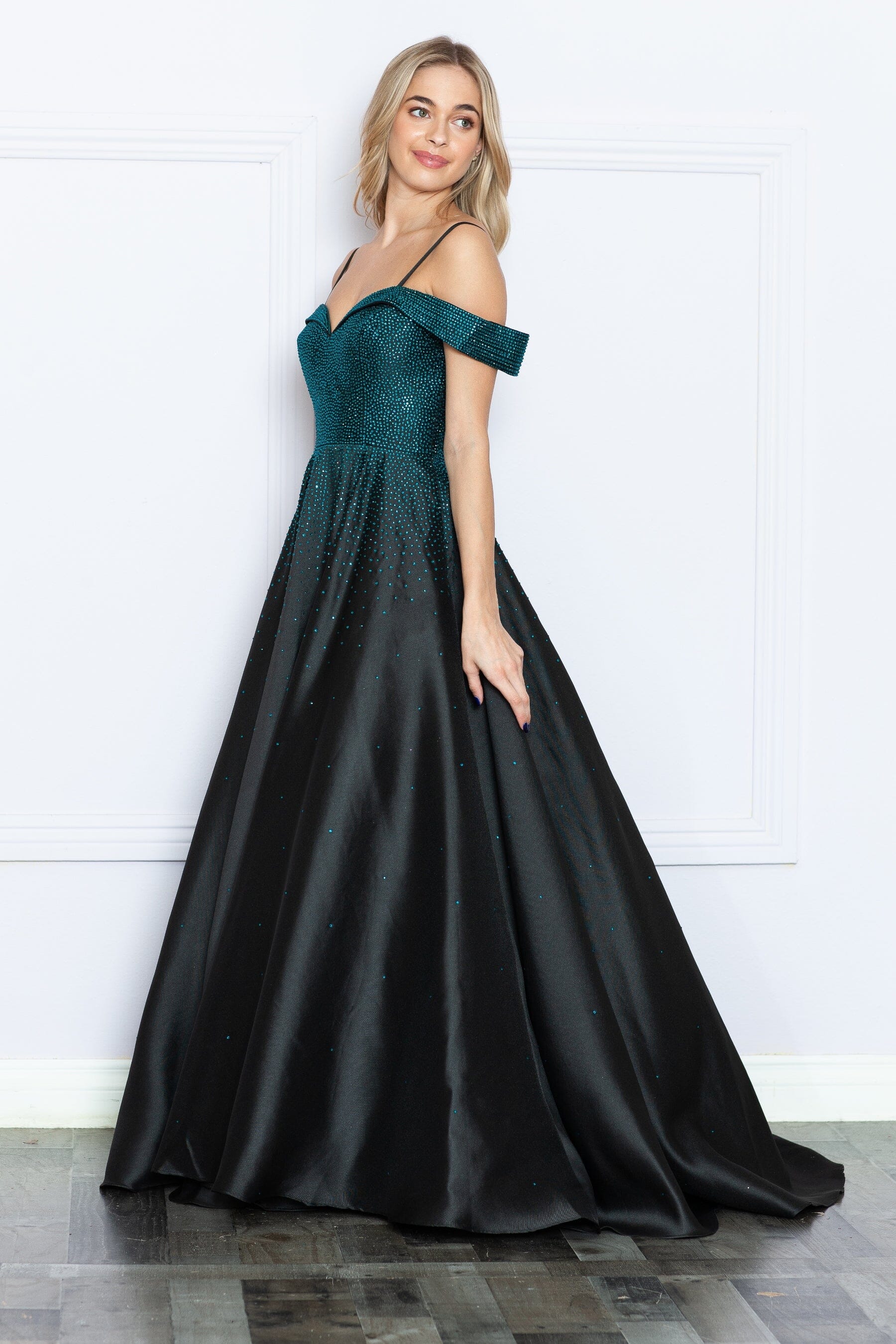 Poly USA 9278 Heat Stone Cold Shoulder A-line Gown