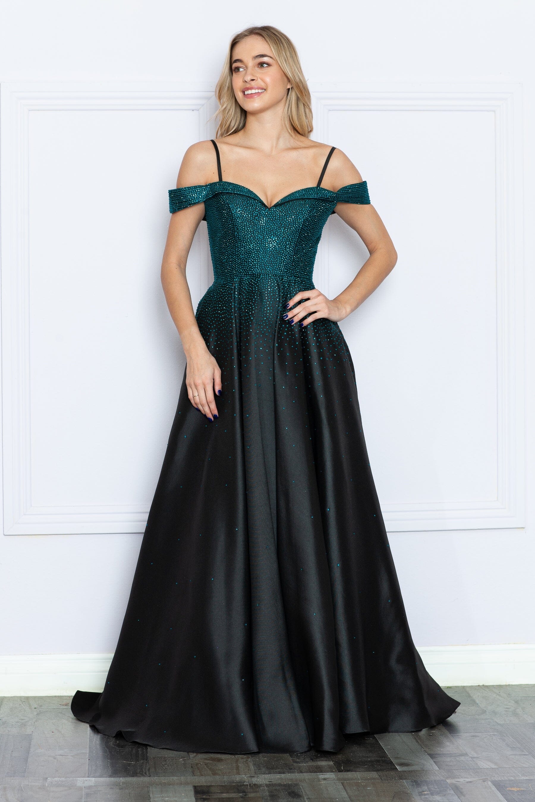 Poly USA 9278 Heat Stone Cold Shoulder A-line Gown