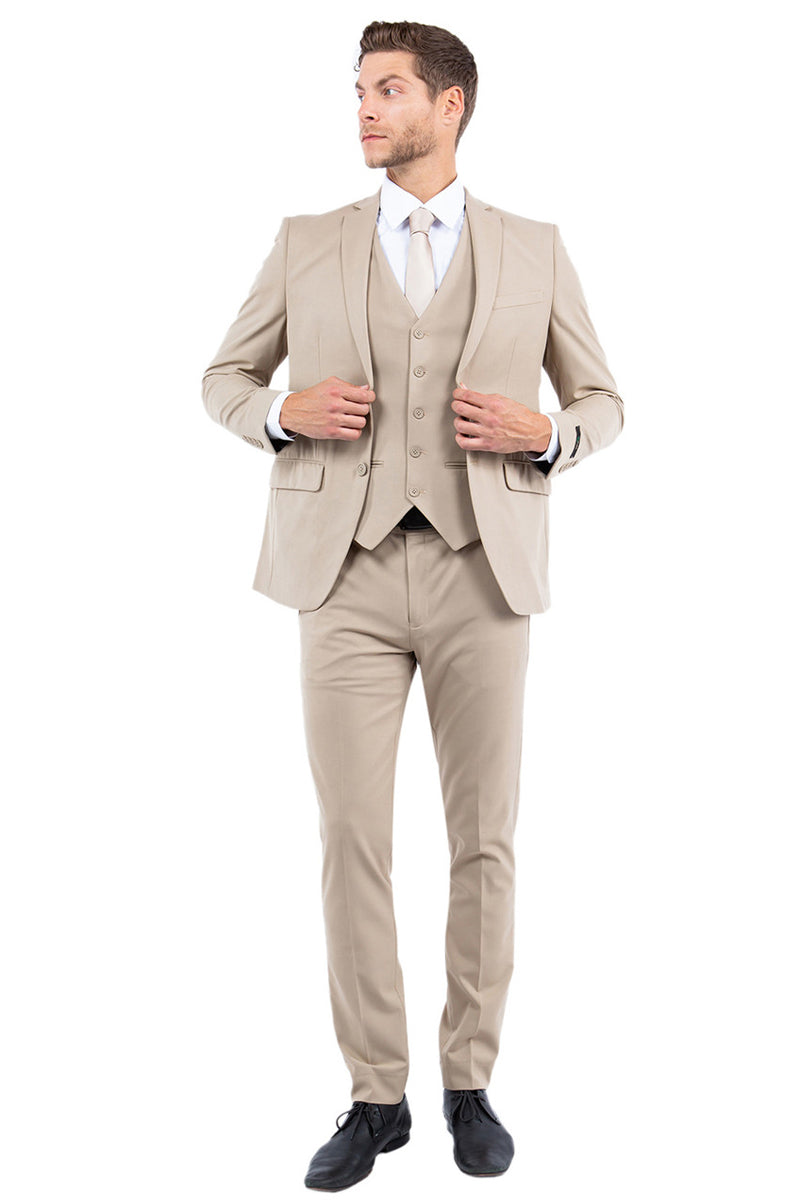 Men's Tan Slim Fit Suit with Vest & One Button Closure