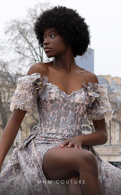 MNM Couture K4071 Off-Shoulder Glitter Gown with Detachable Overskirt