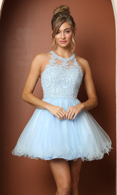 Narianna-Short Babydoll Homecoming Dress with Beading