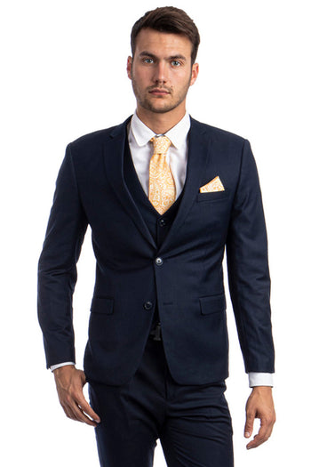 Traje de hombre azul marino básico liso con dos botones y corte entallado.