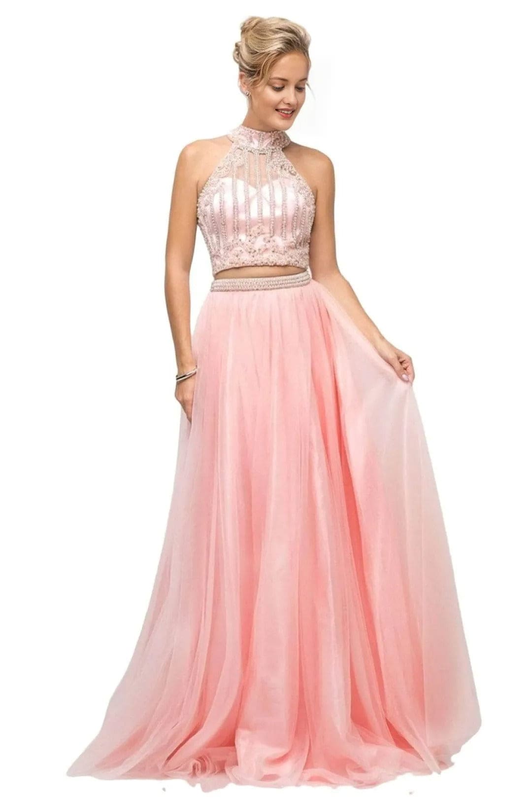 Illusion Halter Beaded A-Line Gown 2025 Elegant Formal Dress - Blush / 2 - Prom