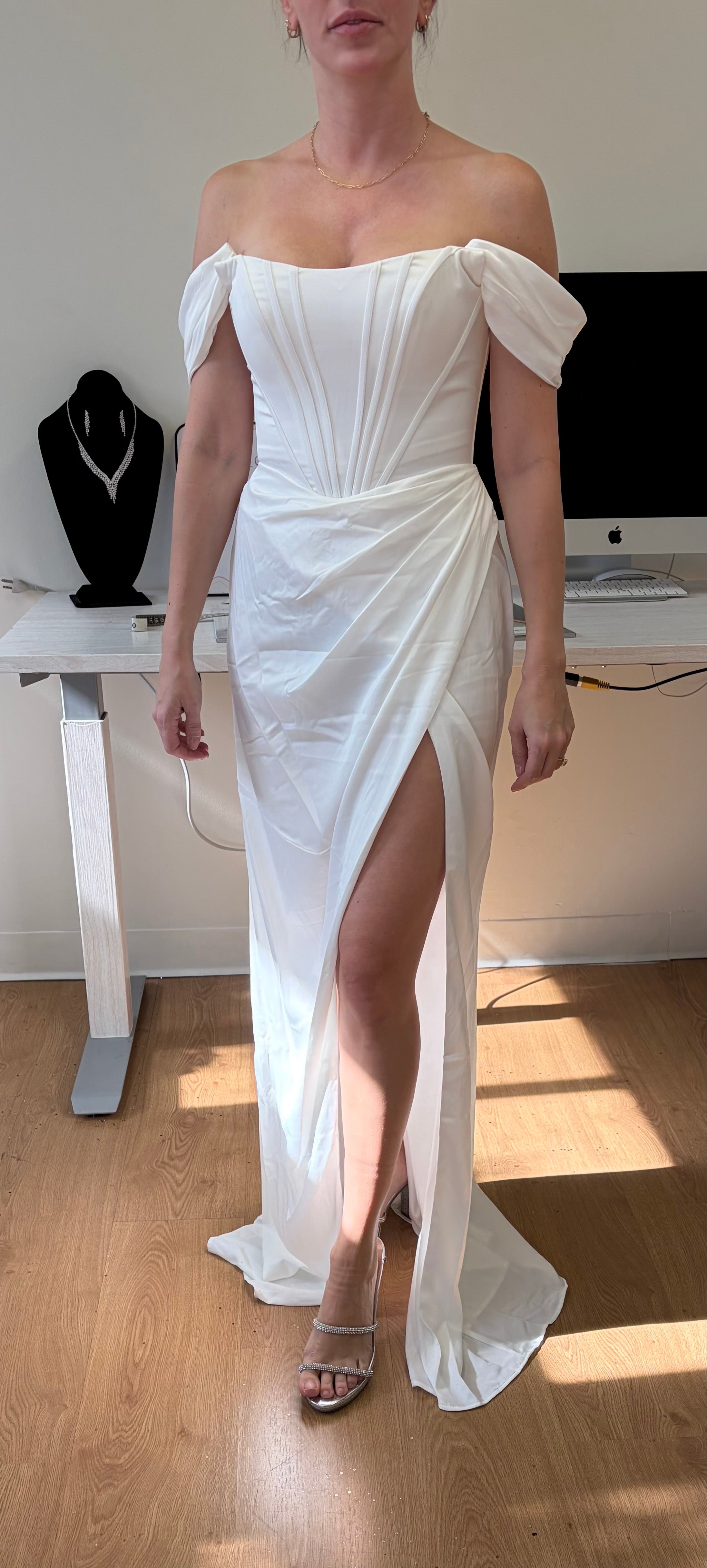 Elegant Off Shoulder Ivory Satin Wedding Gown with Corset Back and High Slit By May Queen MQ1953