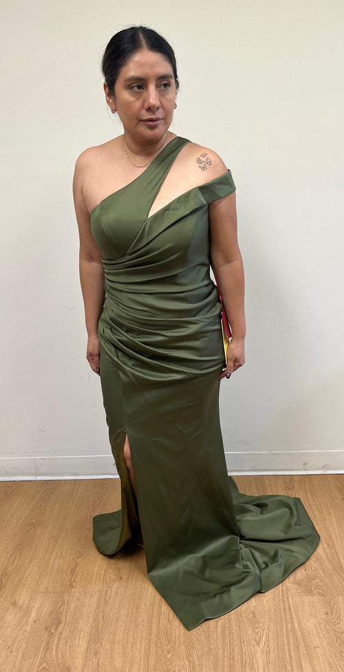 One-Shoulder Satin Evening Gown with Side Slit Fitted Formal Dress by May Queen MQ2199
