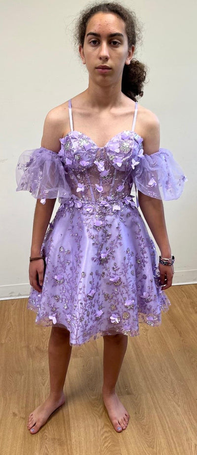May Queen MQ2036 Sheer 3D Floral Glitter Cocktail Short Dress