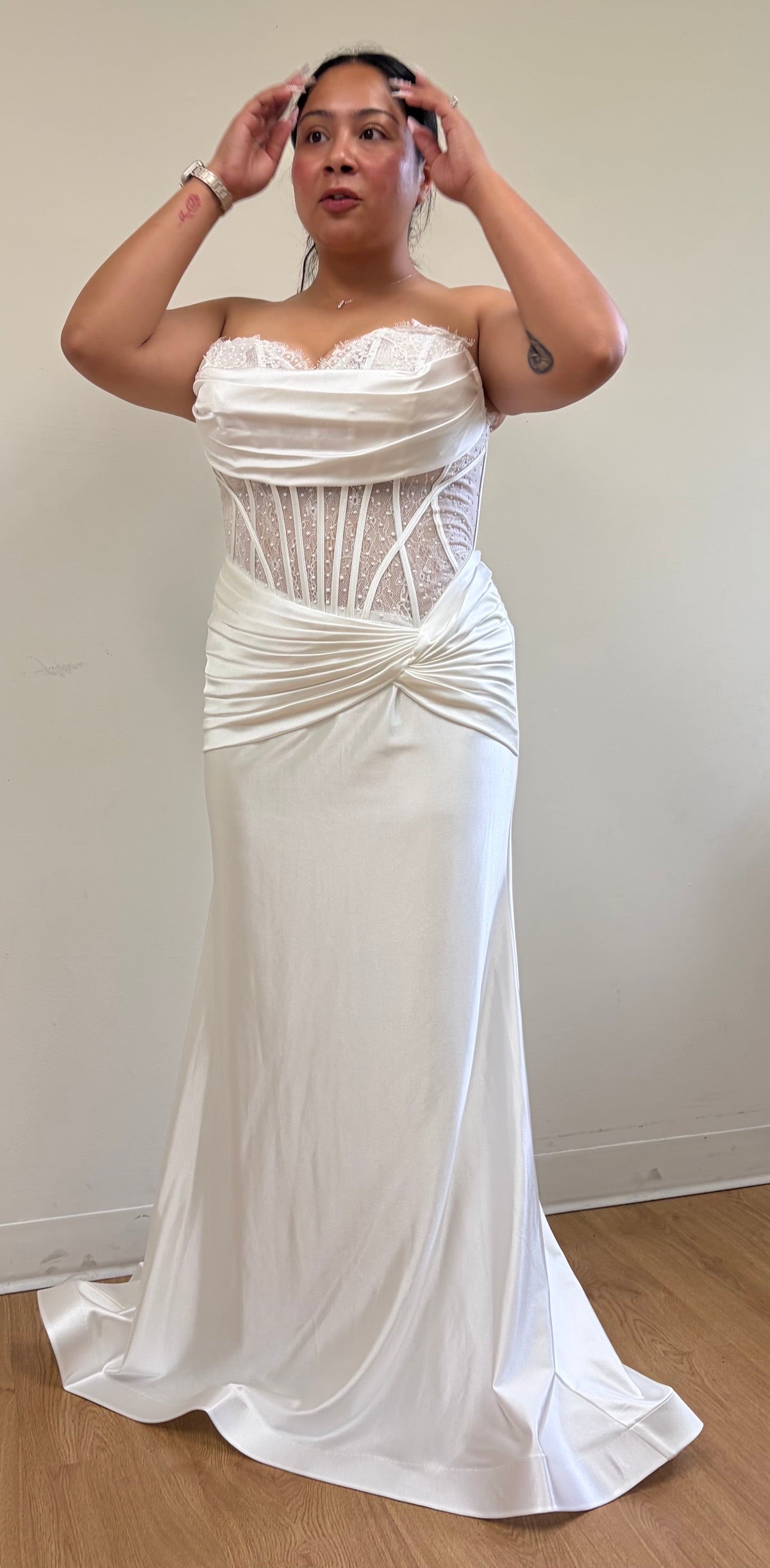 Strapless Satin Mermaid Wedding Dress with Corset Bodice & Draped Waist by May Queen MQ2186