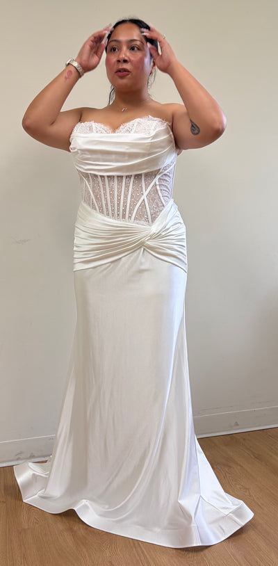 Strapless Satin Mermaid Wedding Dress with Corset Bodice & Draped Waist by May Queen MQ2186