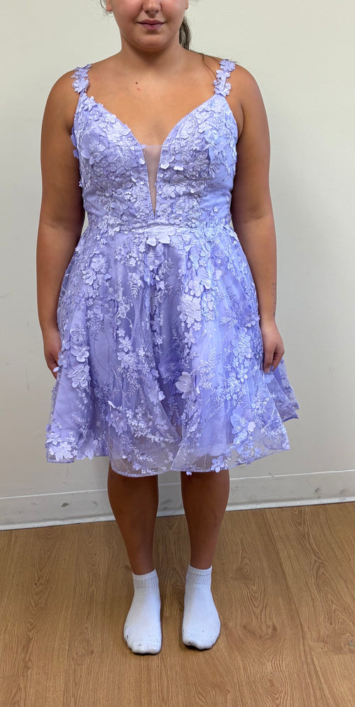 3D Floral Lace Short A-Line Dress with Deep V-Neck & Lace-Up Back By May Queen MQ1896
