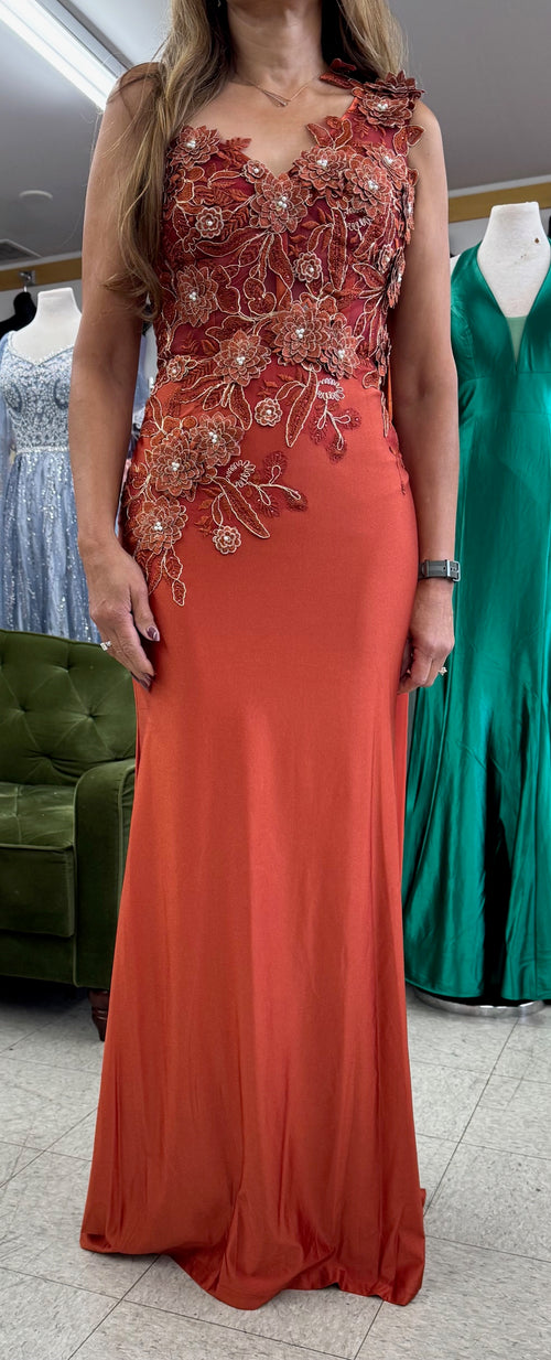 Royal Queen RQ7943 Long Embroidered One Shoulder Prom Dress With Cape