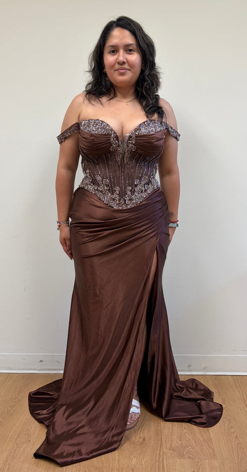 Satin Corset Dress with Beaded Bodice Off Shoulder Straps & Thigh-High Slit by Royal Queen RQ8227