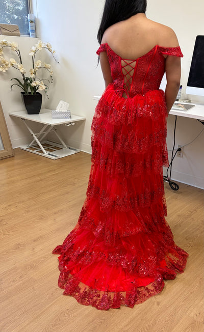 Royal Queen RQ8115 Off-Shoulder Ruffle Sheer Bodice Prom Gown