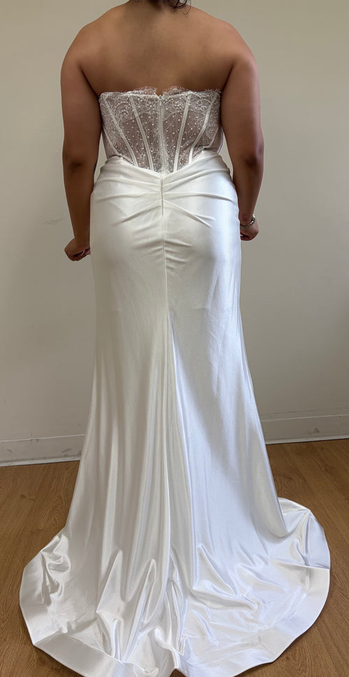 Strapless Satin Mermaid Wedding Dress with Corset Bodice & Draped Waist by May Queen MQ2186