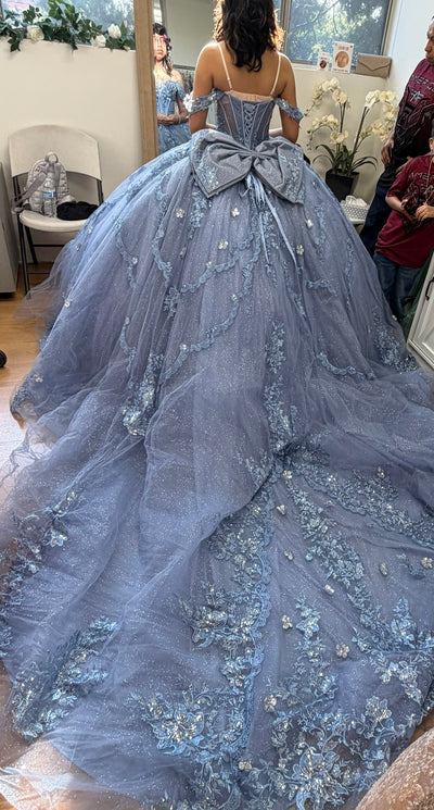 Off-Shoulder Quinceañera Ball Gown with Beaded Lace Appliques and Royal Train by Layla K LK283