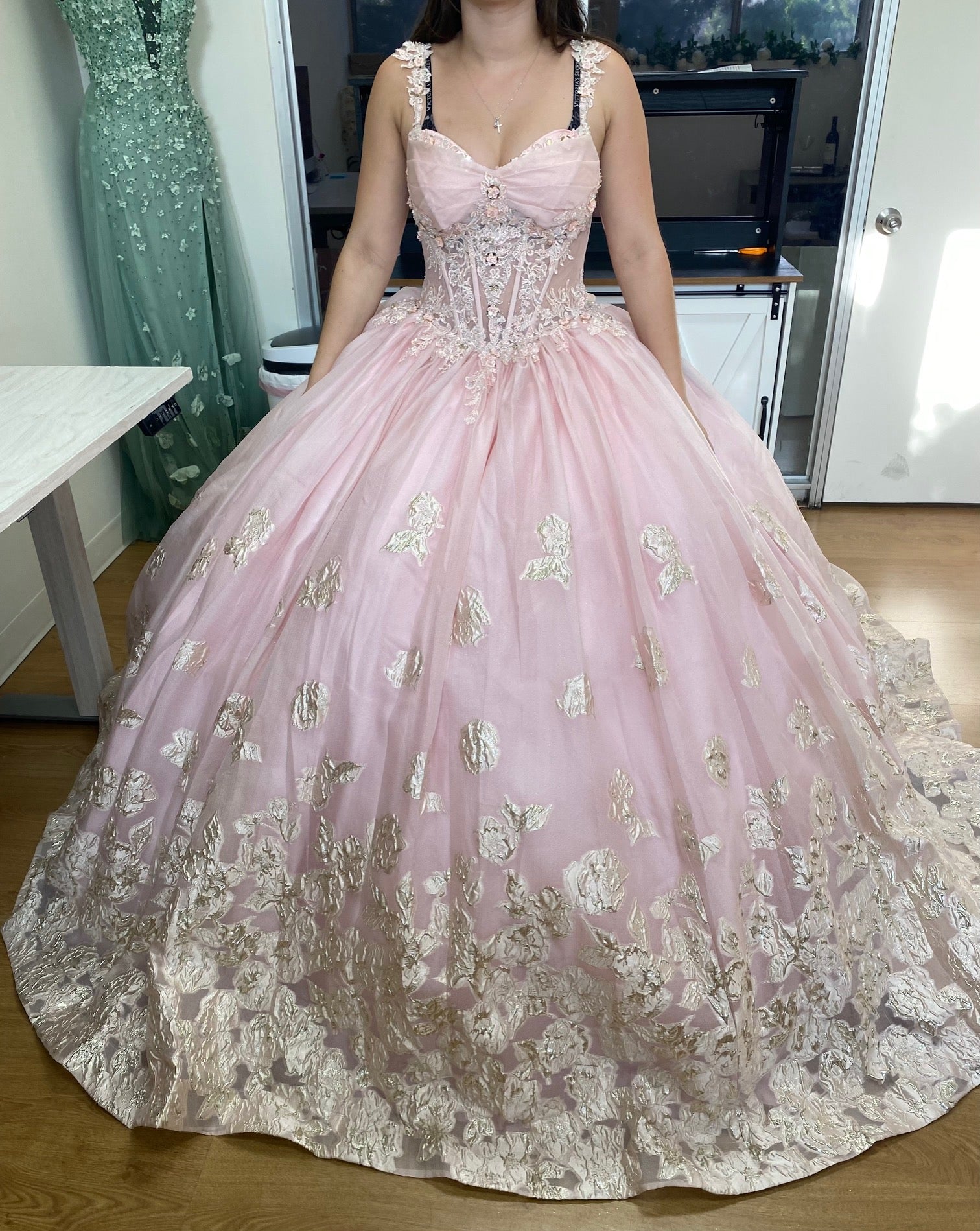 Layla K LK256 Sheer Bodice Floral Sleeveless Blush Quinceanera Gown