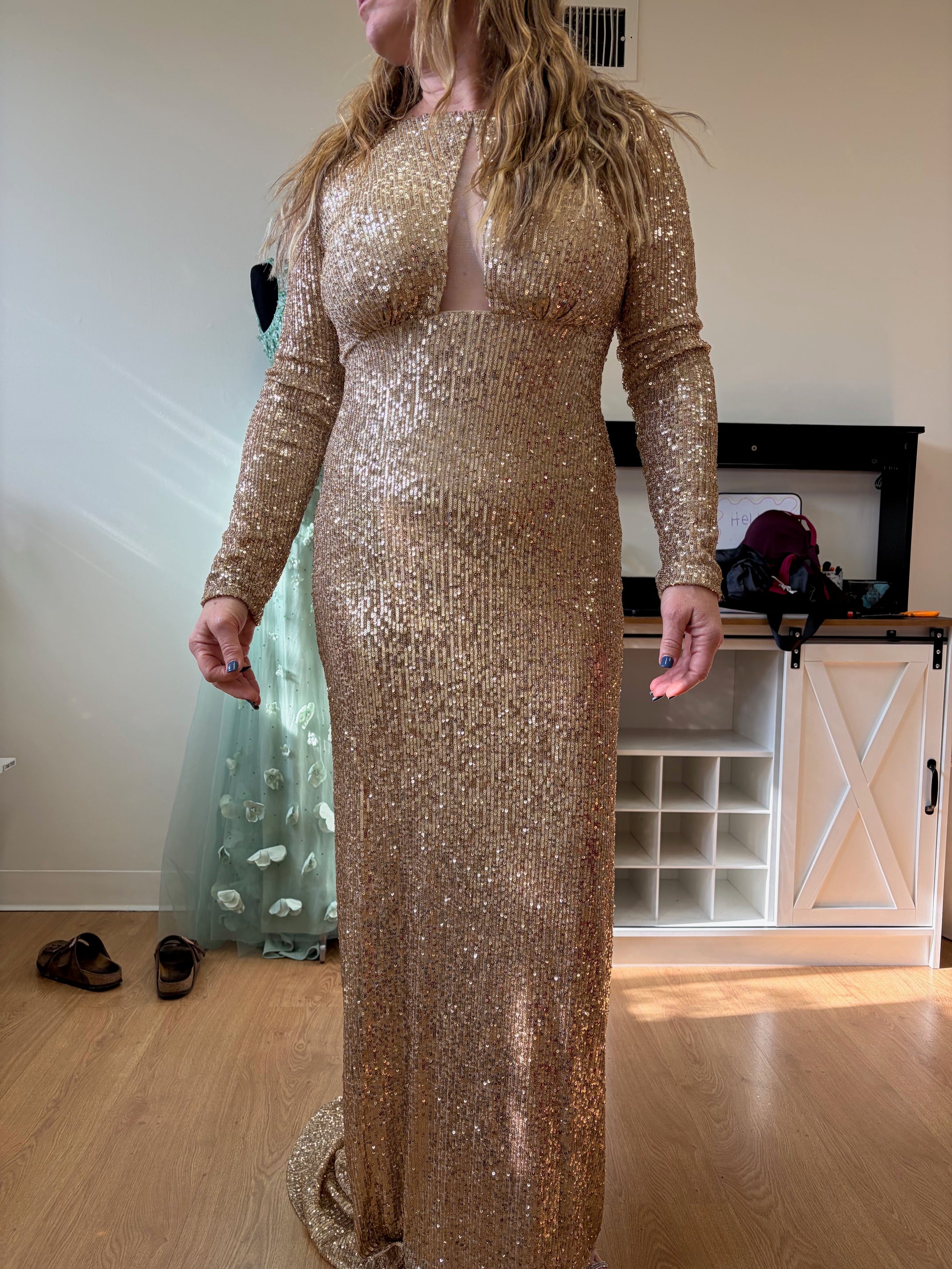 Long Sleeve Stretchy Red Carpet Sequin Formal Dress