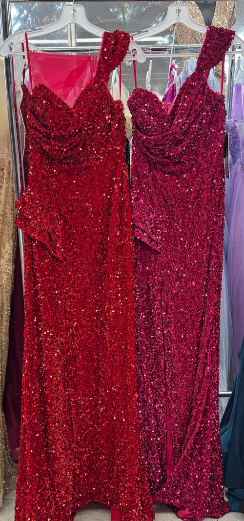 Red Christmas & Holiday Dress in Stretchy Sequin Velvet By RQ8003
