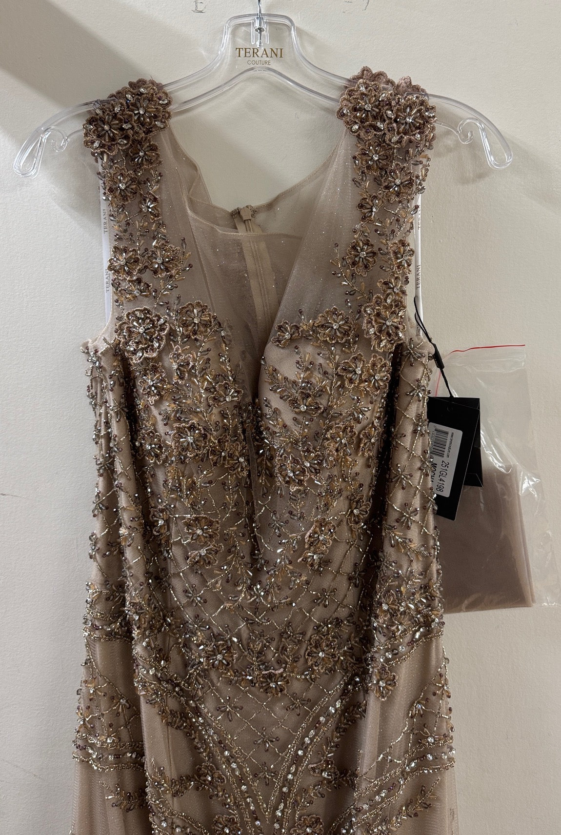 Clearance Mocha Size 12 Sophisticated Elegant Formal Long Evening Beaded Tulle Dress By Terani Couture 251GL4198